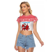 Luxembourg Christmas Raglan Cropped T Shirt with Santa Claus Red Lion Snowflake Pattern and National Flag Design - Wonder Print Shop