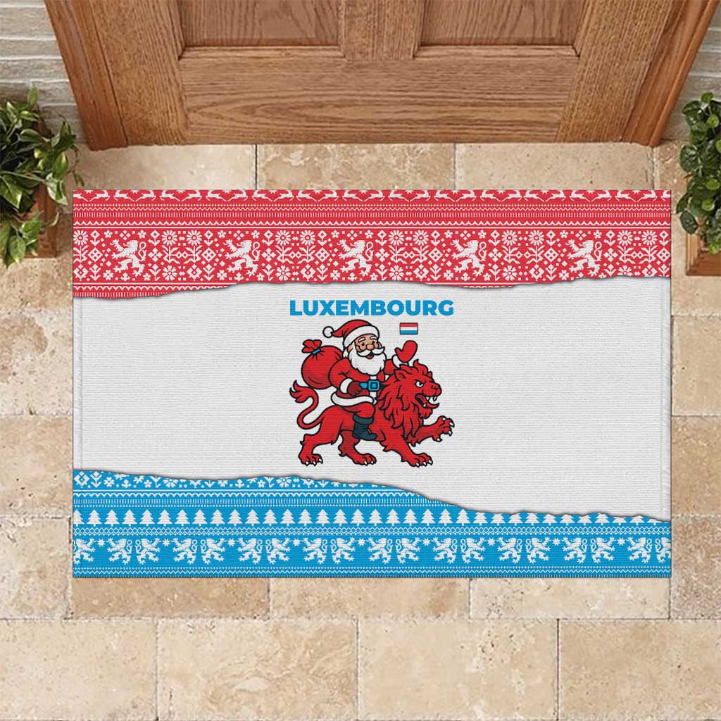 Luxembourg Christmas Rubber Doormat with Santa Claus Red Lion Snowflake Pattern and National Flag Design - Wonder Print Shop