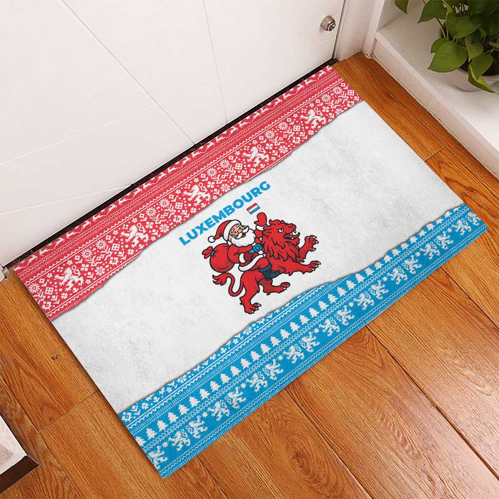 Luxembourg Christmas Rubber Doormat with Santa Claus Red Lion Snowflake Pattern and National Flag Design - Wonder Print Shop