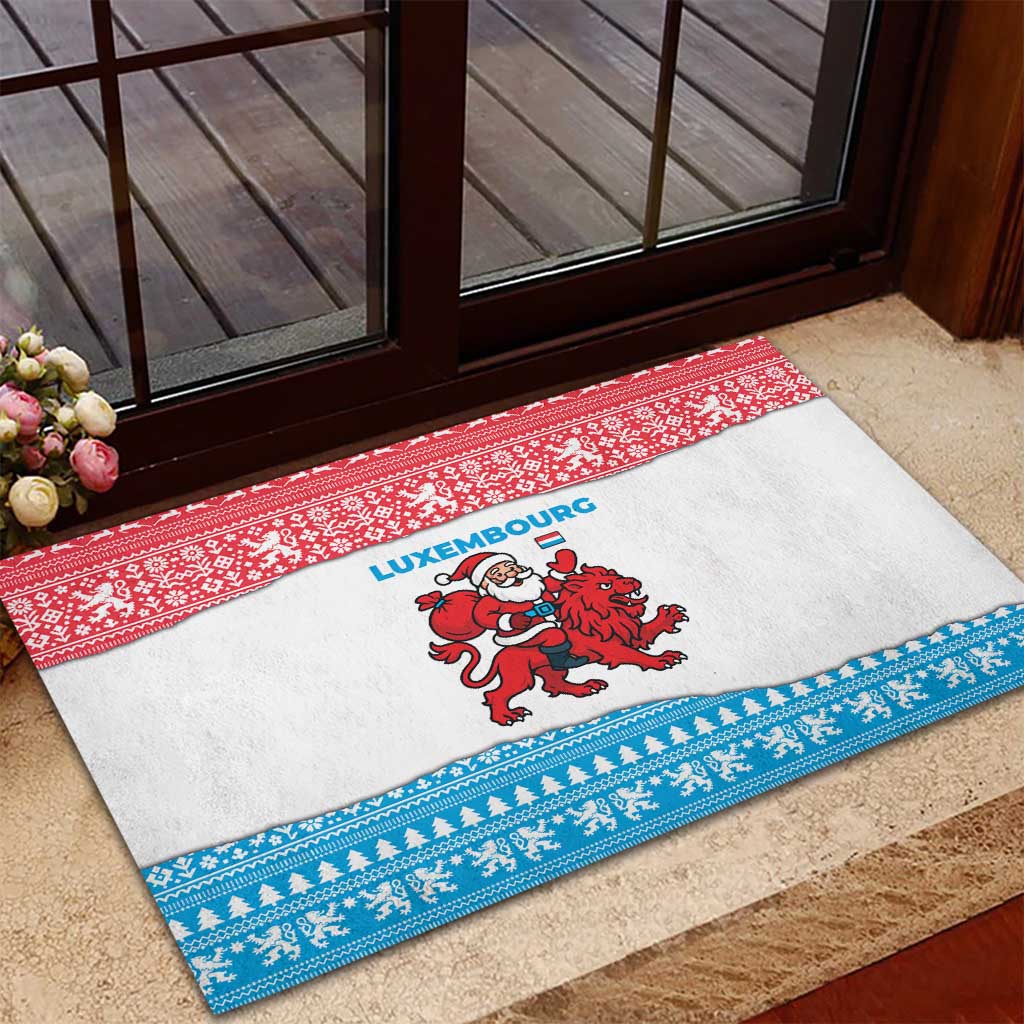Luxembourg Christmas Rubber Doormat with Santa Claus Red Lion Snowflake Pattern and National Flag Design - Wonder Print Shop