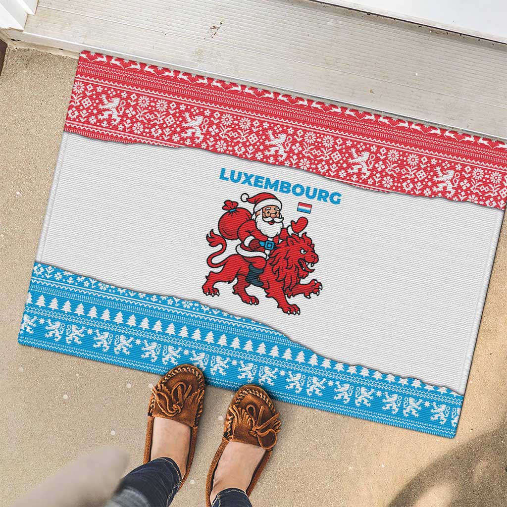 Luxembourg Christmas Rubber Doormat with Santa Claus Red Lion Snowflake Pattern and National Flag Design - Wonder Print Shop