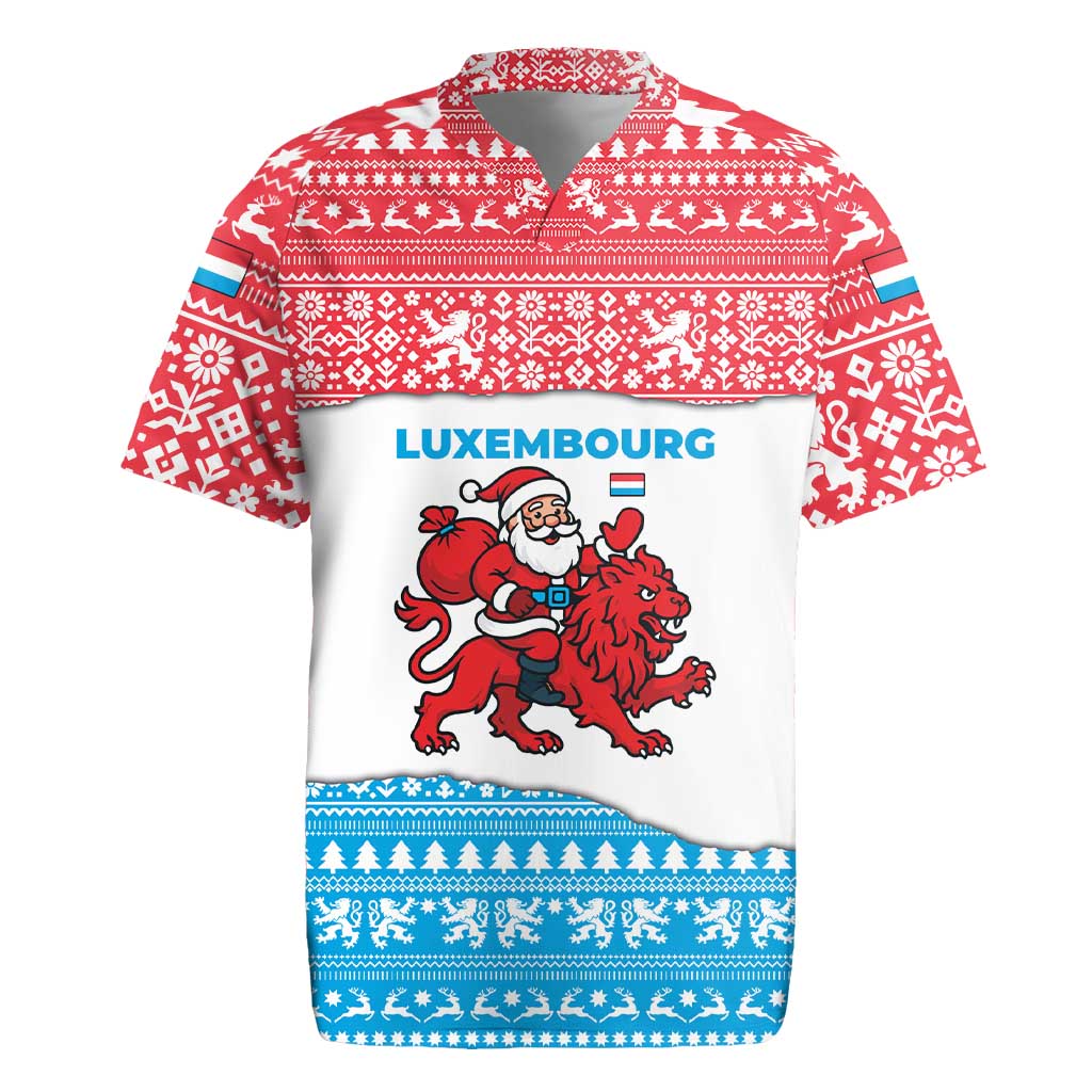 Luxembourg Christmas Rugby Jersey with Santa Claus Red Lion Snowflake Pattern and National Flag Design - Wonder Print Shop