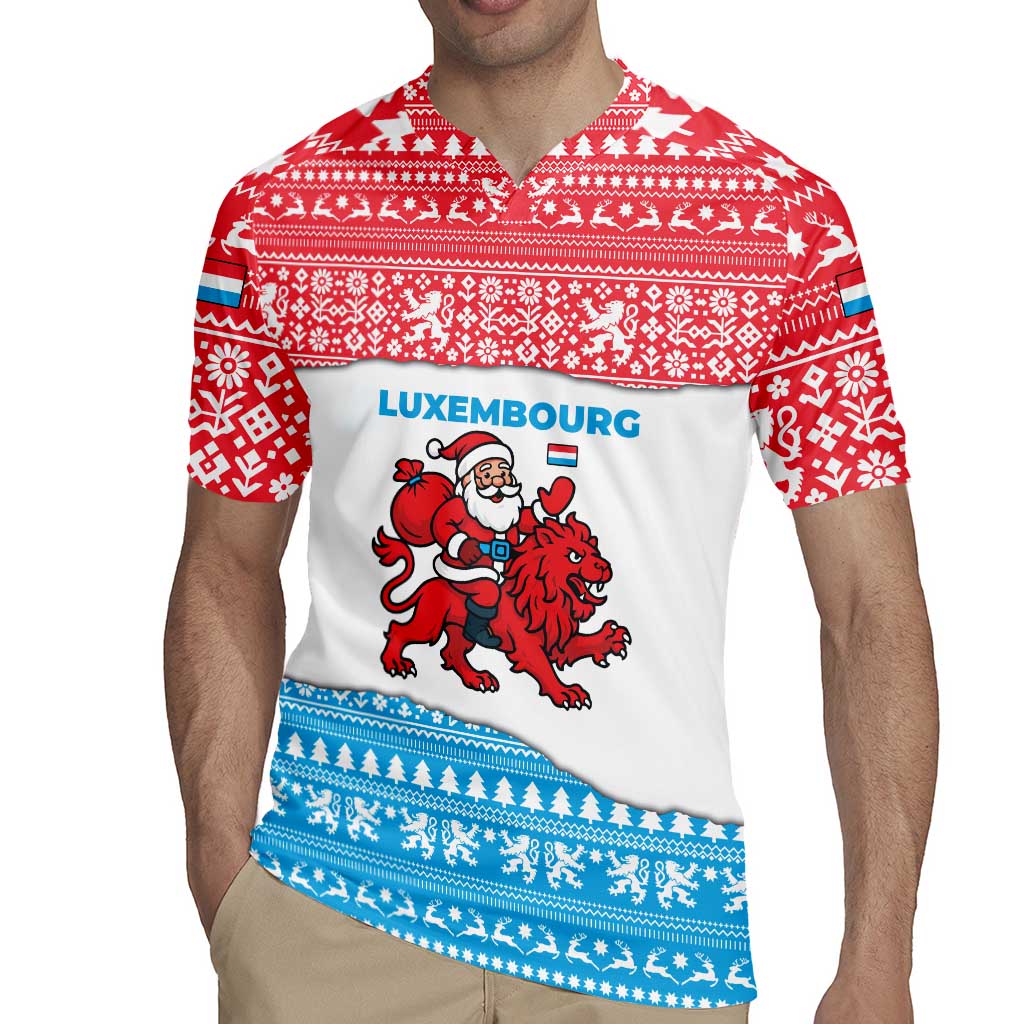 Luxembourg Christmas Rugby Jersey with Santa Claus Red Lion Snowflake Pattern and National Flag Design - Wonder Print Shop