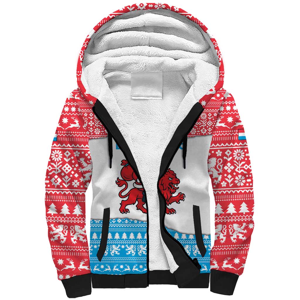 Luxembourg Christmas Sherpa Hoodie with Santa Claus Red Lion Snowflake Pattern and National Flag Design - Wonder Print Shop