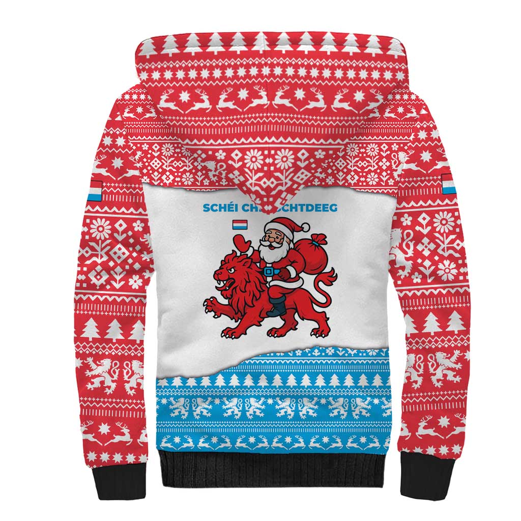 Luxembourg Christmas Sherpa Hoodie with Santa Claus Red Lion Snowflake Pattern and National Flag Design - Wonder Print Shop
