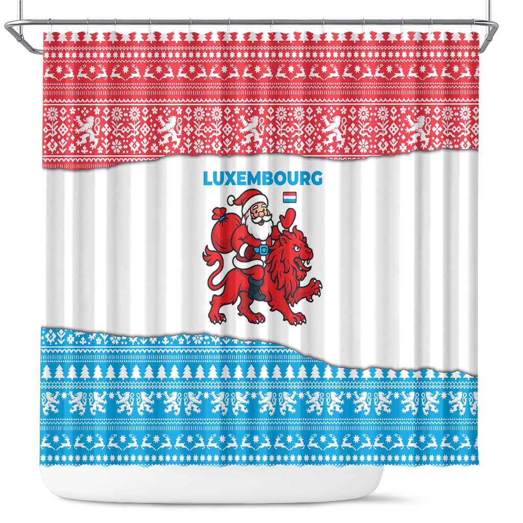 Luxembourg Christmas Shower Curtain with Santa Claus Red Lion Snowflake Pattern and National Flag Design - Wonder Print Shop