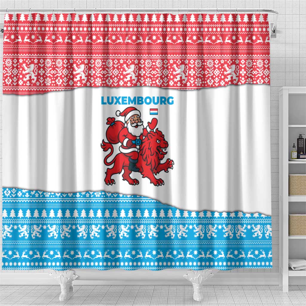 Luxembourg Christmas Shower Curtain with Santa Claus Red Lion Snowflake Pattern and National Flag Design - Wonder Print Shop