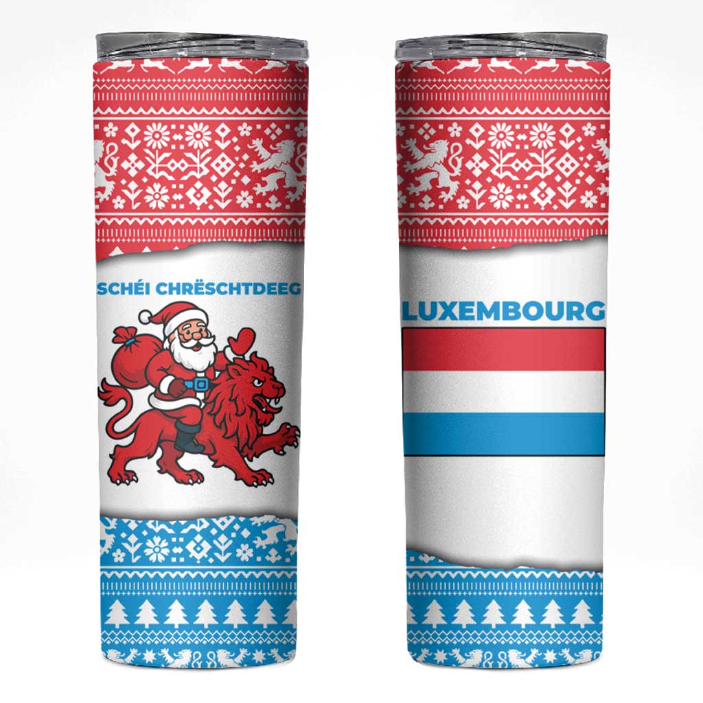 Luxembourg Christmas Skinny Tumbler with Santa Claus Red Lion Snowflake Pattern and National Flag Design - Wonder Print Shop