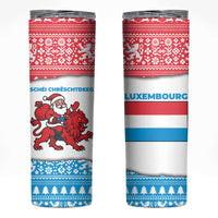 Luxembourg Christmas Skinny Tumbler with Santa Claus Red Lion Snowflake Pattern and National Flag Design - Wonder Print Shop