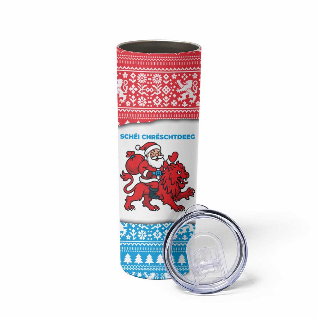 Luxembourg Christmas Skinny Tumbler with Santa Claus Red Lion Snowflake Pattern and National Flag Design - Wonder Print Shop