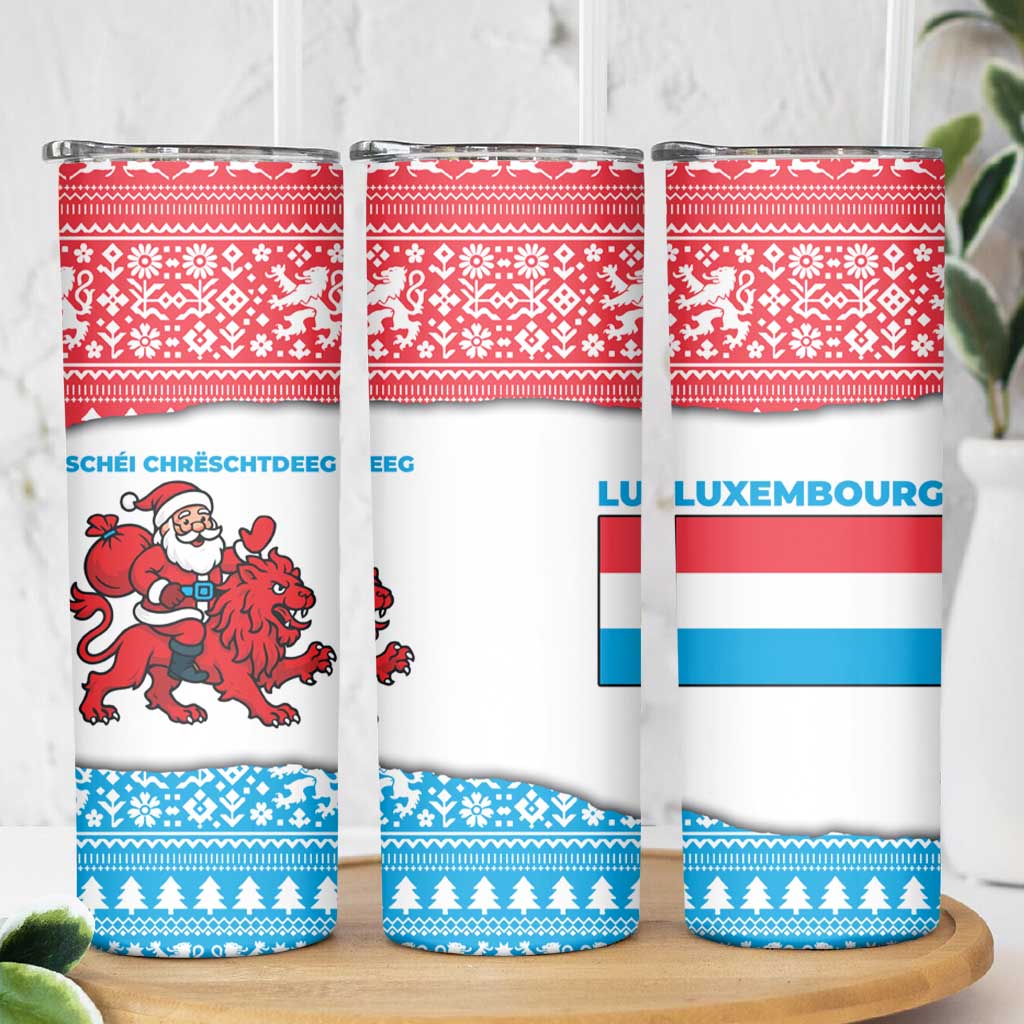 Luxembourg Christmas Skinny Tumbler with Santa Claus Red Lion Snowflake Pattern and National Flag Design - Wonder Print Shop