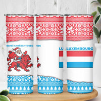 Luxembourg Christmas Skinny Tumbler with Santa Claus Red Lion Snowflake Pattern and National Flag Design - Wonder Print Shop