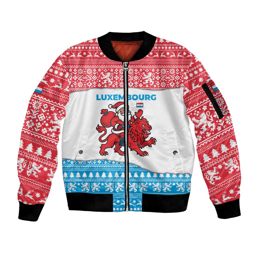 Luxembourg Christmas Sleeve Zip Bomber Jacket with Santa Claus Red Lion Snowflake Pattern and National Flag Design - Wonder Print Shop