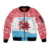 Luxembourg Christmas Sleeve Zip Bomber Jacket with Santa Claus Red Lion Snowflake Pattern and National Flag Design - Wonder Print Shop