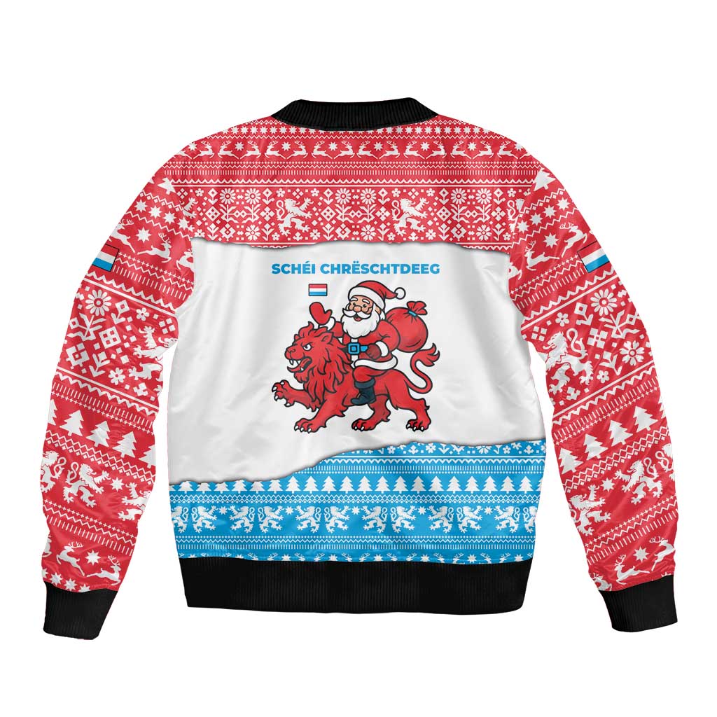Luxembourg Christmas Sleeve Zip Bomber Jacket with Santa Claus Red Lion Snowflake Pattern and National Flag Design - Wonder Print Shop