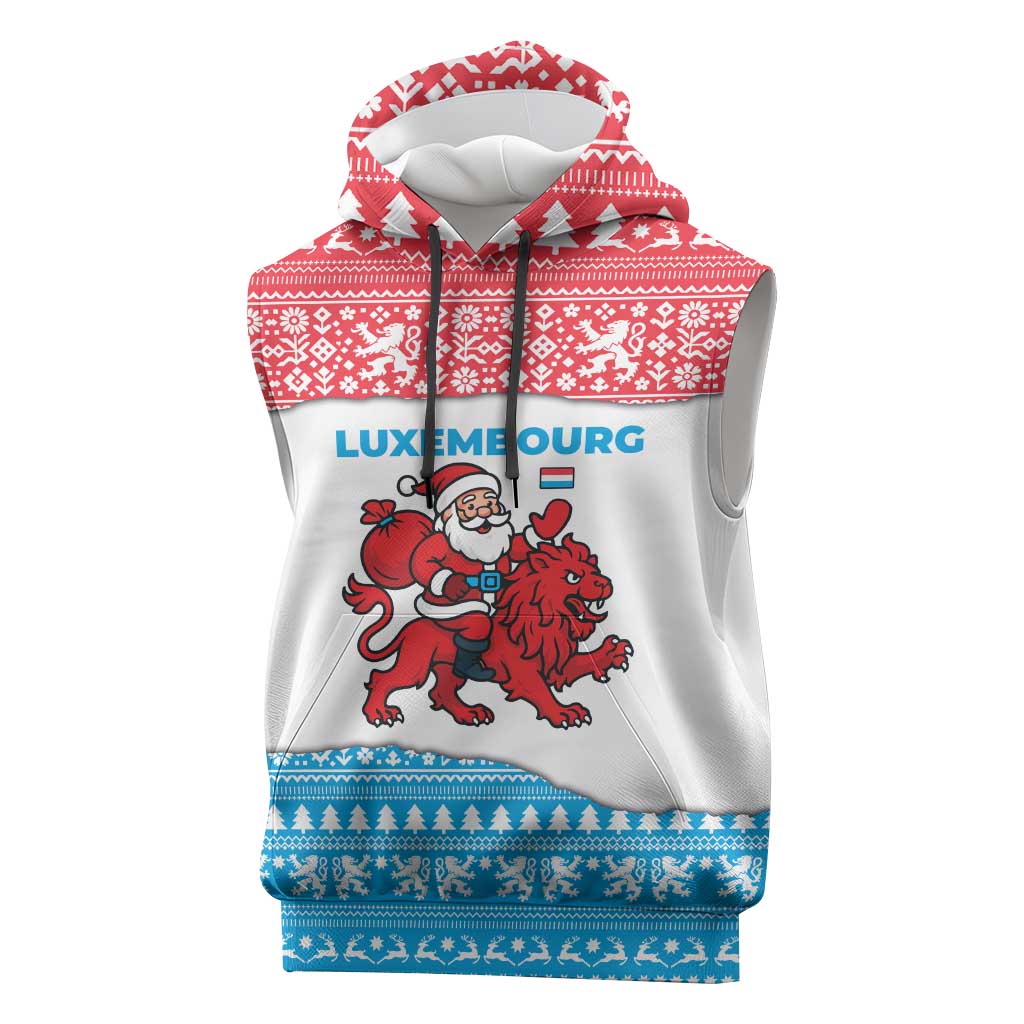 Luxembourg Christmas Sleeveless Hoodie with Santa Claus Red Lion Snowflake Pattern and National Flag Design - Wonder Print Shop