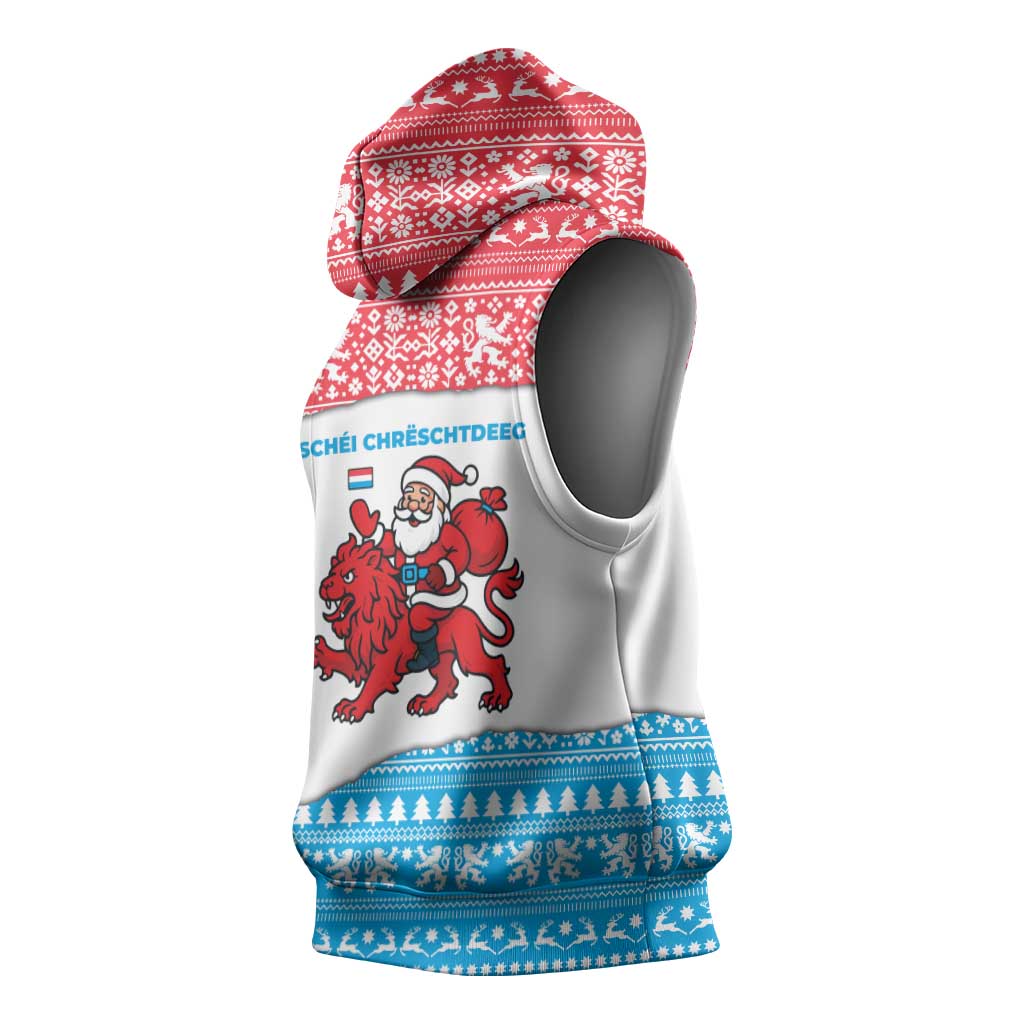 Luxembourg Christmas Sleeveless Hoodie with Santa Claus Red Lion Snowflake Pattern and National Flag Design - Wonder Print Shop