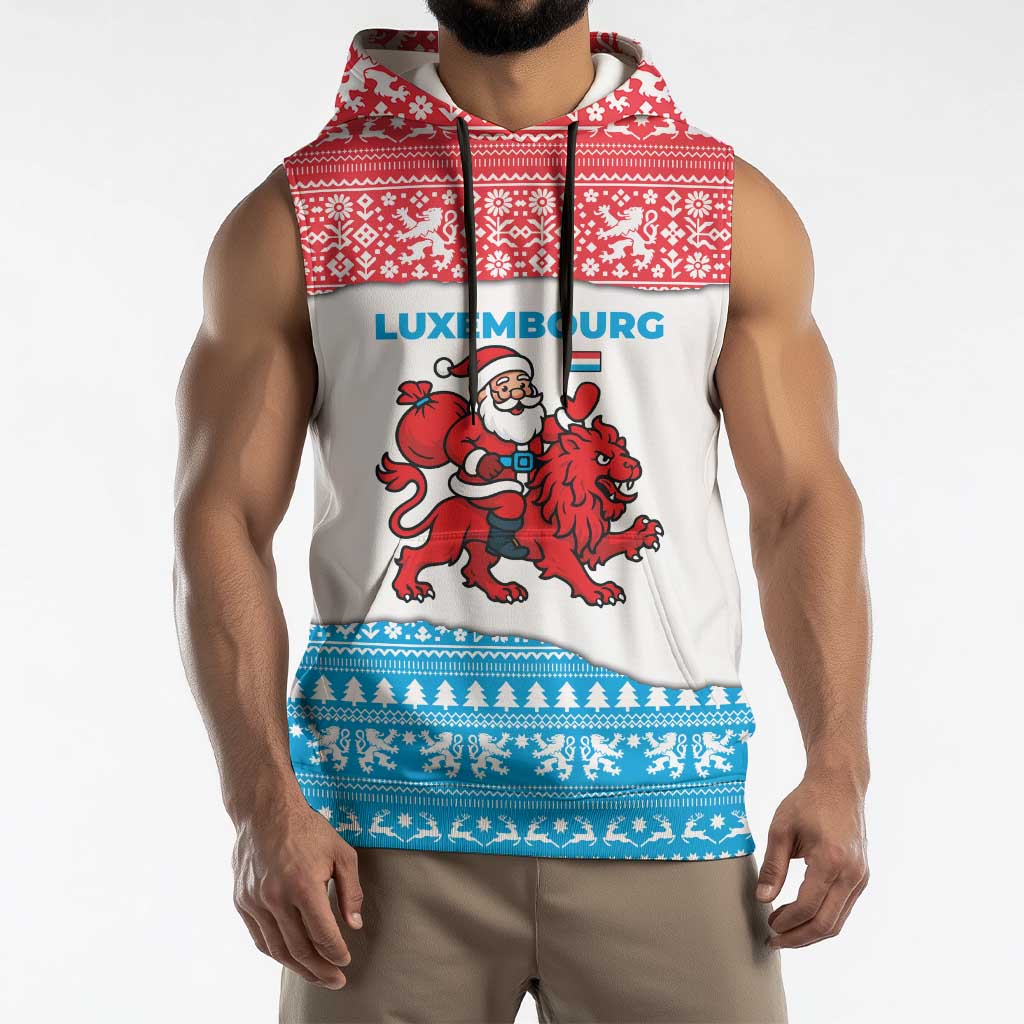 Luxembourg Christmas Sleeveless Hoodie with Santa Claus Red Lion Snowflake Pattern and National Flag Design - Wonder Print Shop