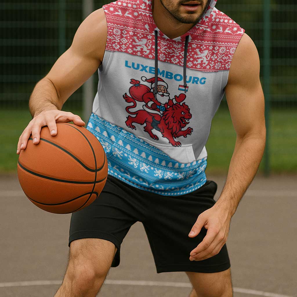 Luxembourg Christmas Sleeveless Hoodie with Santa Claus Red Lion Snowflake Pattern and National Flag Design - Wonder Print Shop