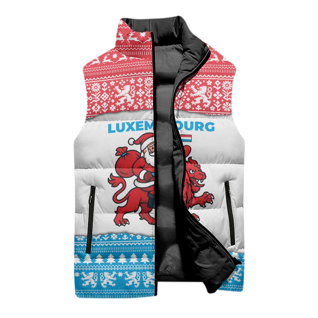 Luxembourg Christmas Sleeveless Puffer Jacket with Santa Claus Red Lion Snowflake Pattern and National Flag Design - Wonder Print Shop