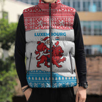 Luxembourg Christmas Sleeveless Puffer Jacket with Santa Claus Red Lion Snowflake Pattern and National Flag Design - Wonder Print Shop