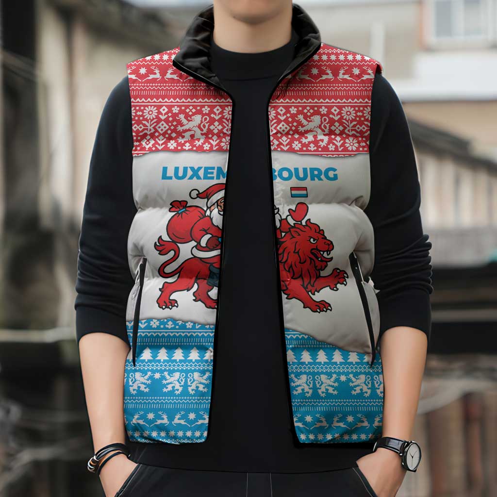 Luxembourg Christmas Sleeveless Puffer Jacket with Santa Claus Red Lion Snowflake Pattern and National Flag Design - Wonder Print Shop