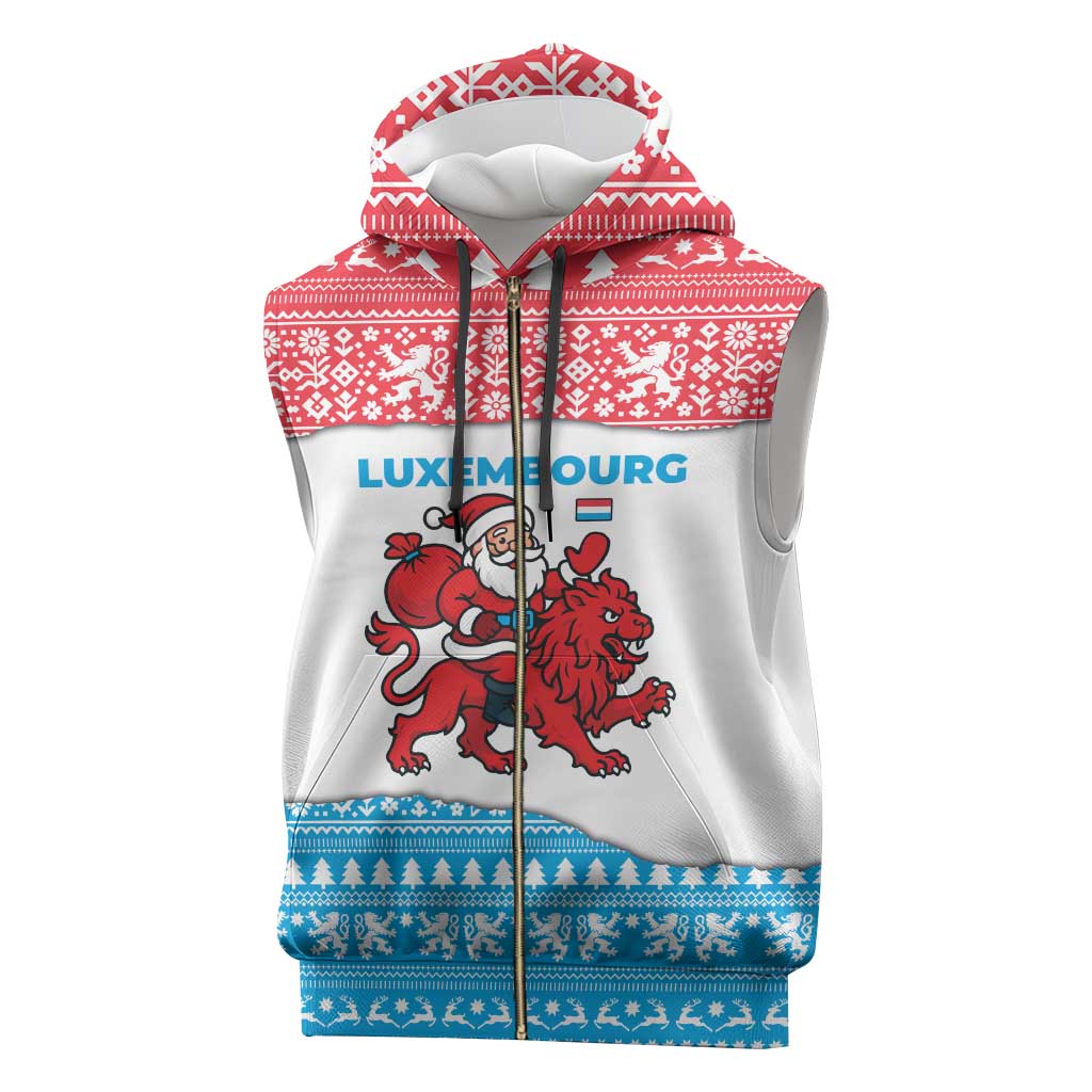 Luxembourg Christmas Sleeveless Zip Hoodie with Santa Claus Red Lion Snowflake Pattern and National Flag Design - Wonder Print Shop