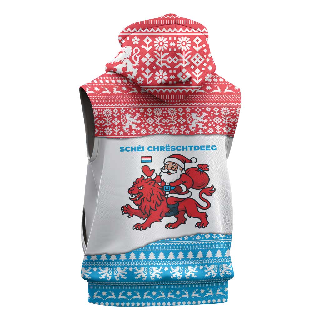Luxembourg Christmas Sleeveless Zip Hoodie with Santa Claus Red Lion Snowflake Pattern and National Flag Design - Wonder Print Shop
