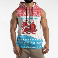 Luxembourg Christmas Sleeveless Zip Hoodie with Santa Claus Red Lion Snowflake Pattern and National Flag Design - Wonder Print Shop