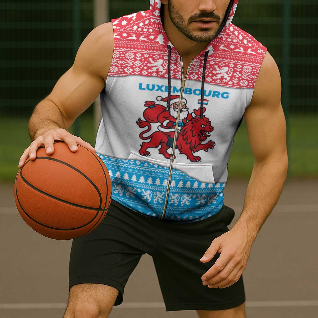 Luxembourg Christmas Sleeveless Zip Hoodie with Santa Claus Red Lion Snowflake Pattern and National Flag Design - Wonder Print Shop