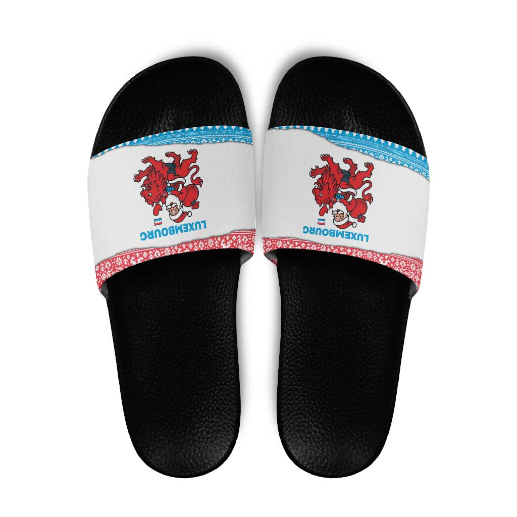 Luxembourg Christmas Slide Sandals with Santa Claus Red Lion Snowflake Pattern and National Flag Design - Wonder Print Shop