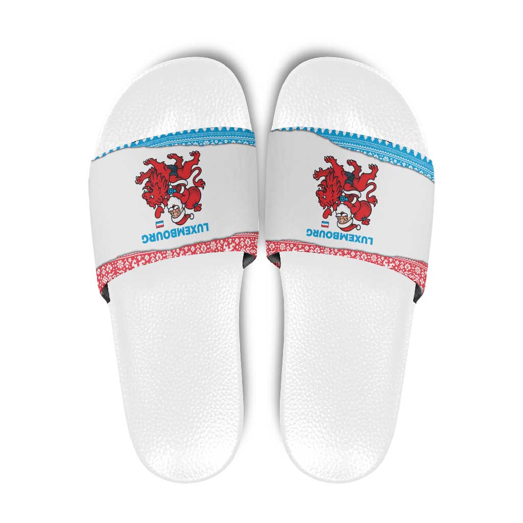 Luxembourg Christmas Slide Sandals with Santa Claus Red Lion Snowflake Pattern and National Flag Design - Wonder Print Shop