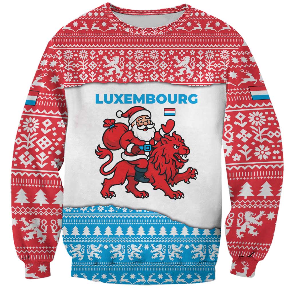 Luxembourg Christmas Sweatshirt with Santa Claus Red Lion Snowflake Pattern and National Flag Design - Wonder Print Shop