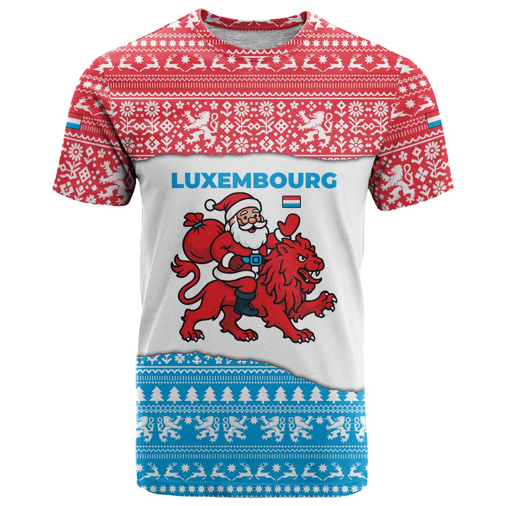 Luxembourg Christmas T Shirt with Santa Claus Red Lion Snowflake Pattern and National Flag Design - Wonder Print Shop