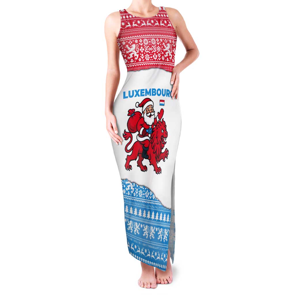 Luxembourg Christmas Tank Maxi Dress with Santa Claus Red Lion Snowflake Pattern and National Flag Design - Wonder Print Shop