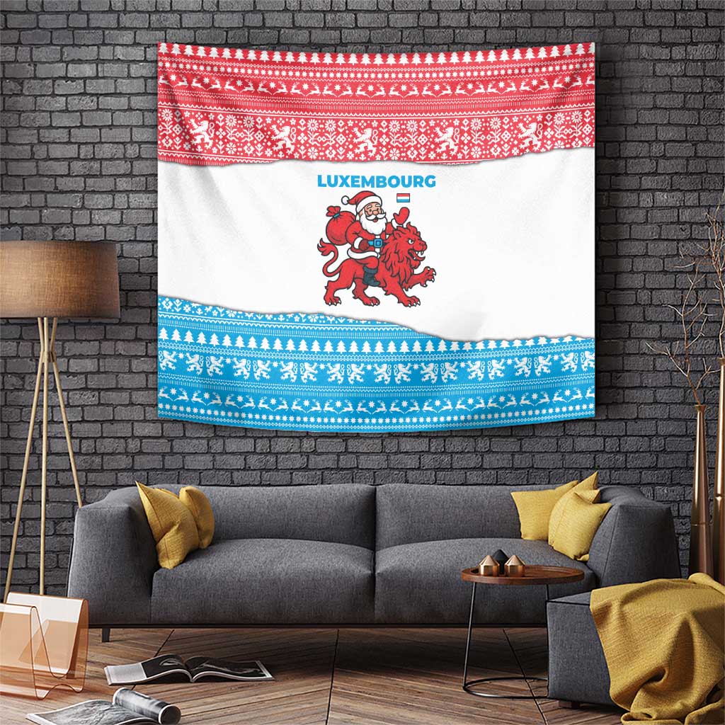 Luxembourg Christmas Tapestry with Santa Claus Red Lion Snowflake Pattern and National Flag Design - Wonder Print Shop