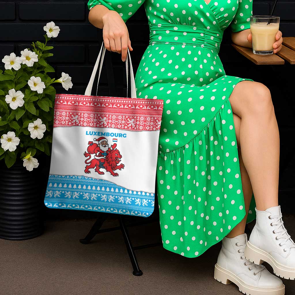 Luxembourg Christmas Tote Bag with Santa Claus Red Lion Snowflake Pattern and National Flag Design - Wonder Print Shop