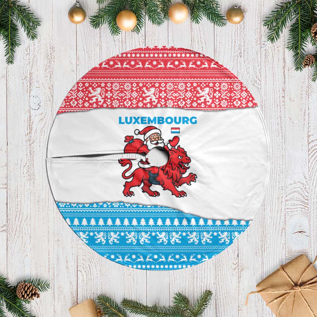 Luxembourg Christmas Tree Skirt with Santa Claus Red Lion Snowflake Pattern and National Flag Design - Wonder Print Shop