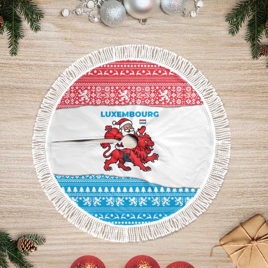 Luxembourg Christmas Tree Skirt with Santa Claus Red Lion Snowflake Pattern and National Flag Design - Wonder Print Shop