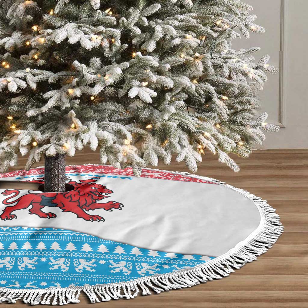 Luxembourg Christmas Tree Skirt with Santa Claus Red Lion Snowflake Pattern and National Flag Design - Wonder Print Shop