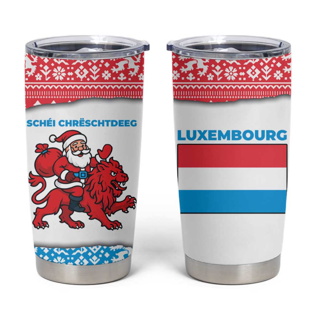 Luxembourg Christmas Tumbler Cup with Santa Claus Red Lion Snowflake Pattern and National Flag Design - Wonder Print Shop