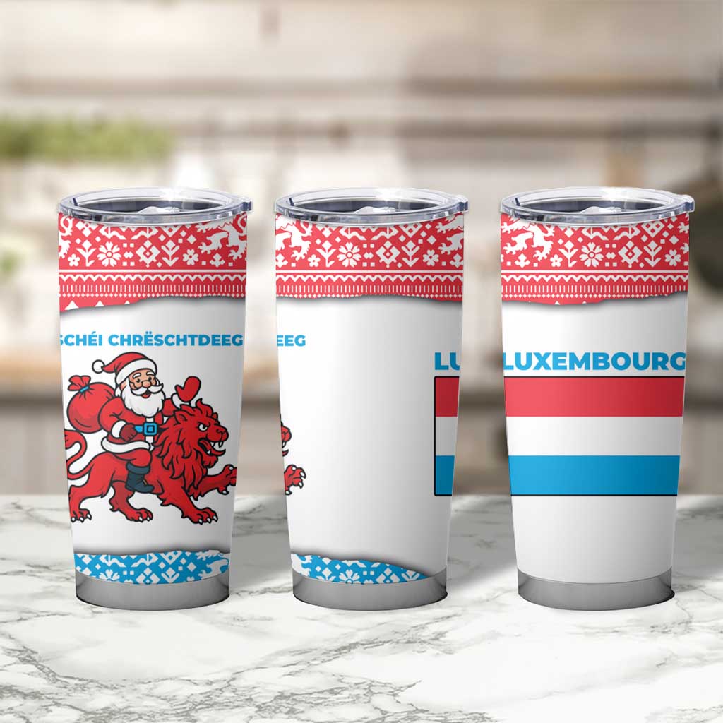 Luxembourg Christmas Tumbler Cup with Santa Claus Red Lion Snowflake Pattern and National Flag Design - Wonder Print Shop