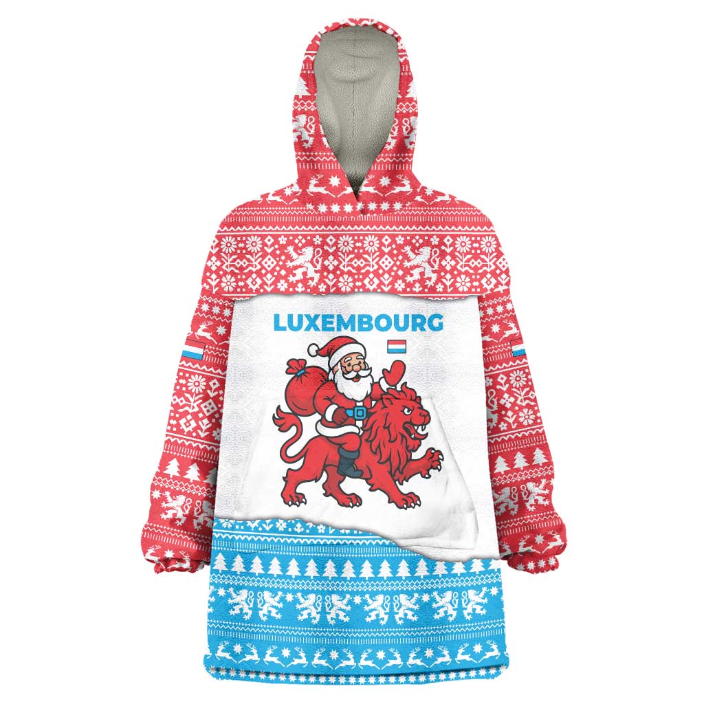 Luxembourg Christmas Wearable Blanket Hoodie with Santa Claus Red Lion Snowflake Pattern and National Flag Design - Wonder Print Shop