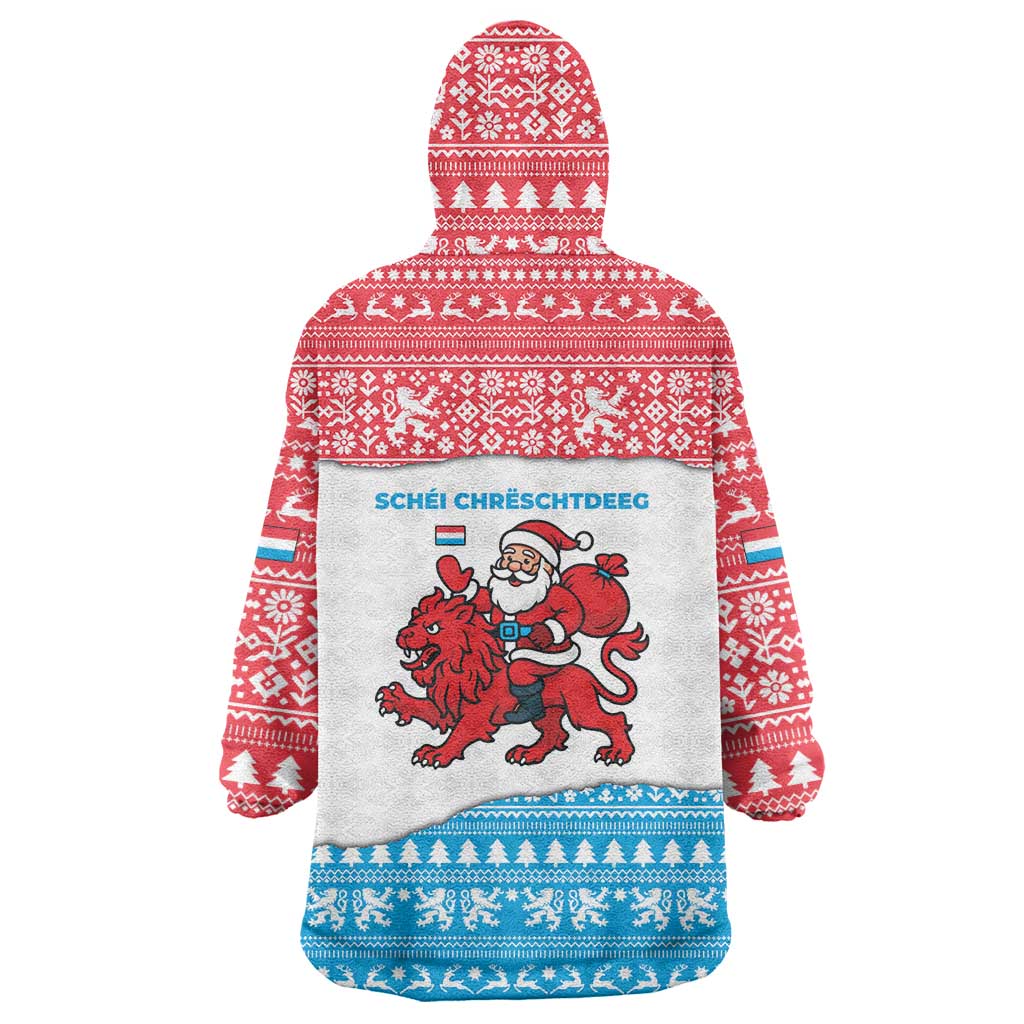 Luxembourg Christmas Wearable Blanket Hoodie with Santa Claus Red Lion Snowflake Pattern and National Flag Design - Wonder Print Shop