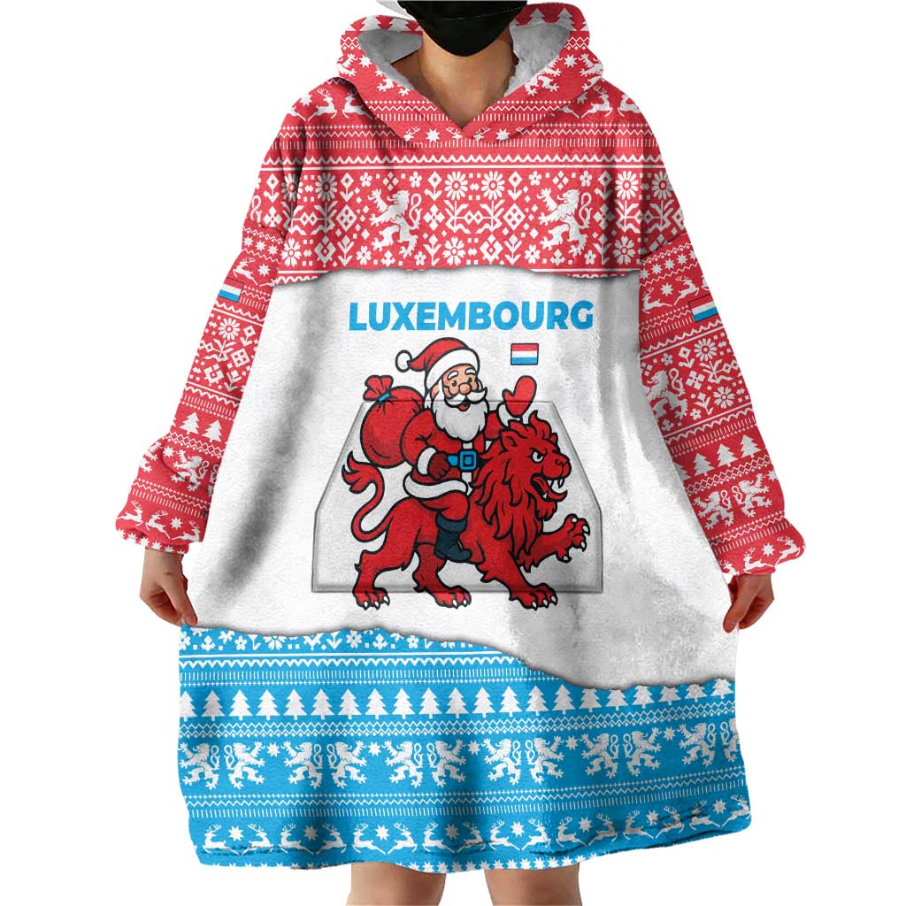 Luxembourg Christmas Wearable Blanket Hoodie with Santa Claus Red Lion Snowflake Pattern and National Flag Design - Wonder Print Shop