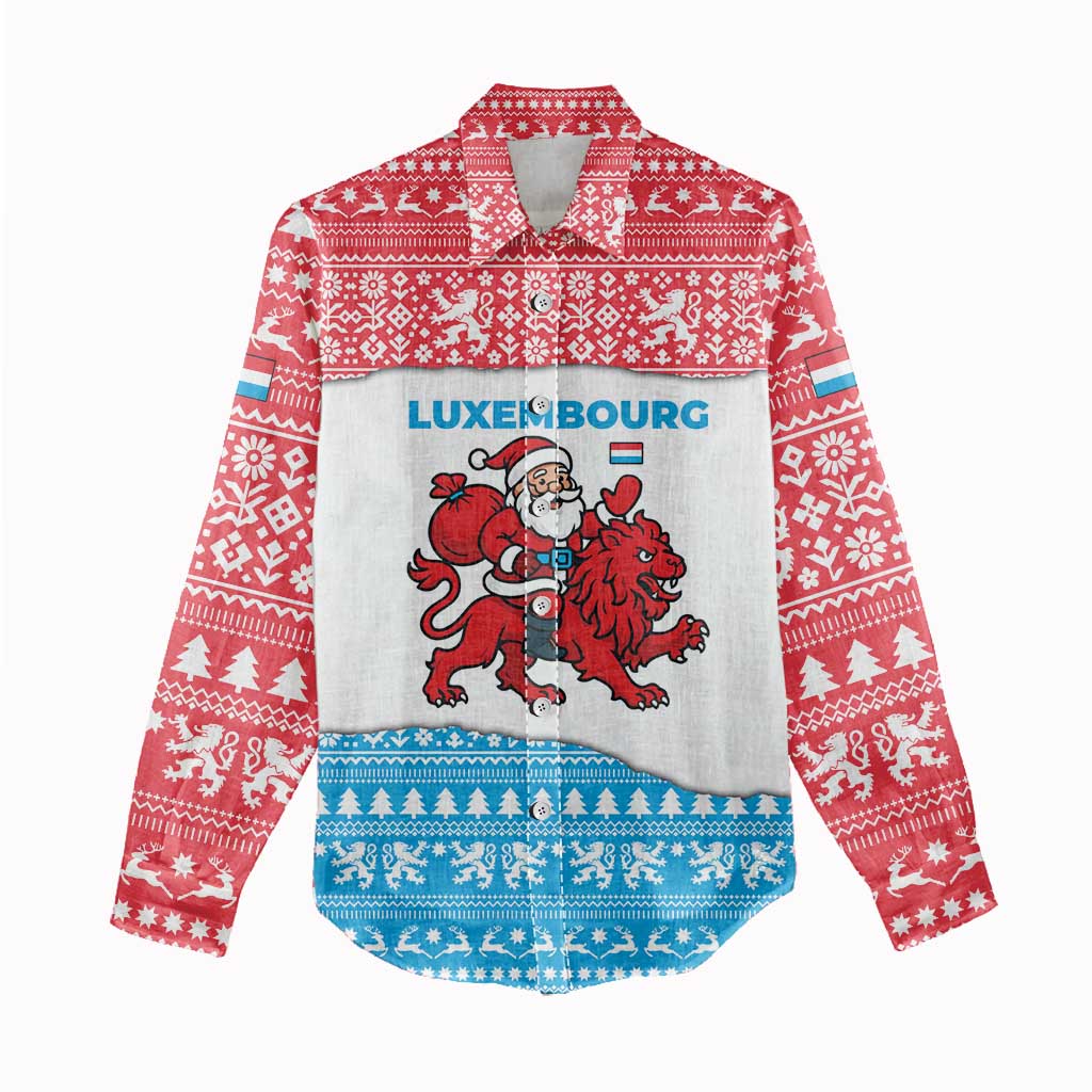 Luxembourg Christmas Women Casual Shirt with Santa Claus Red Lion Snowflake Pattern and National Flag Design - Wonder Print Shop