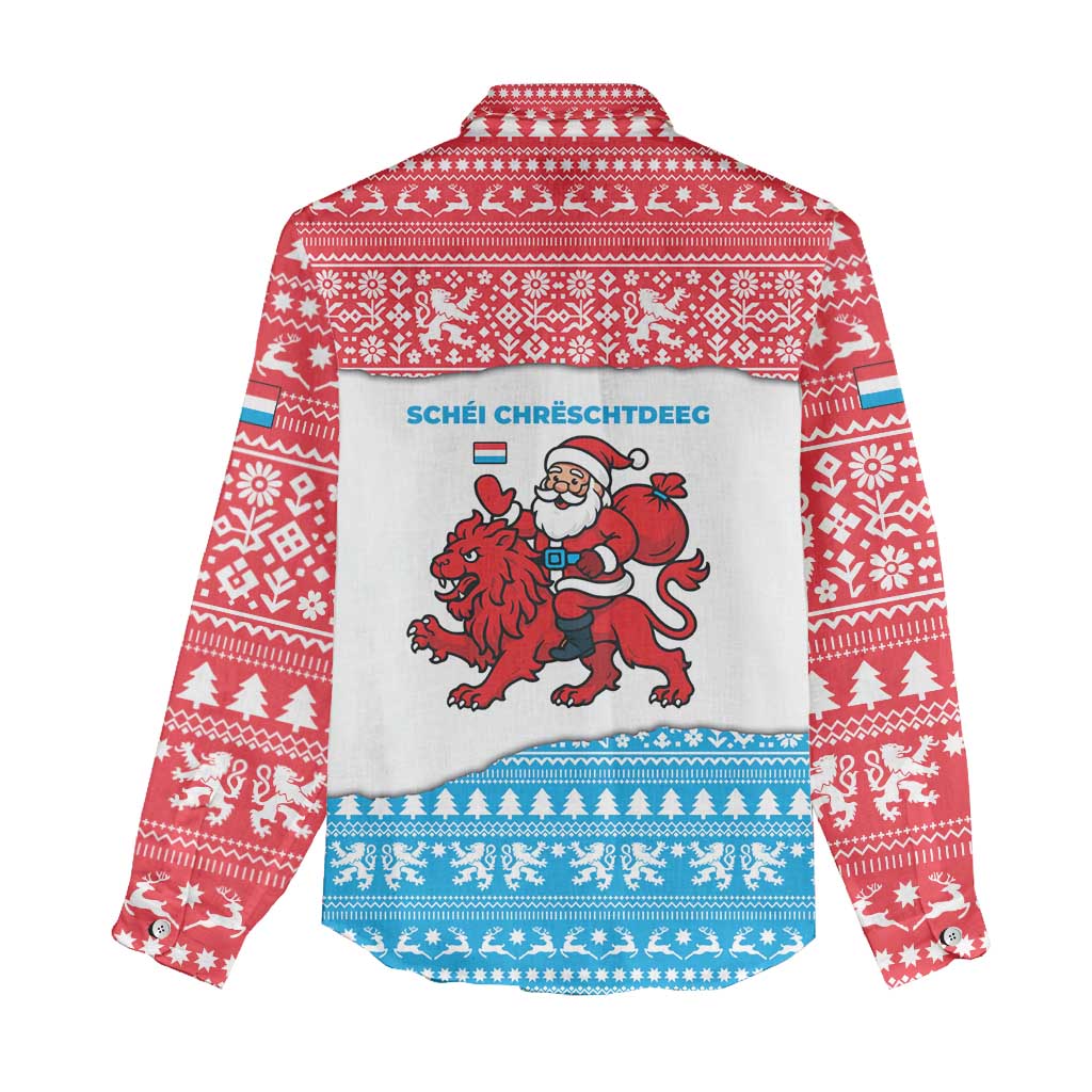 Luxembourg Christmas Women Casual Shirt with Santa Claus Red Lion Snowflake Pattern and National Flag Design - Wonder Print Shop