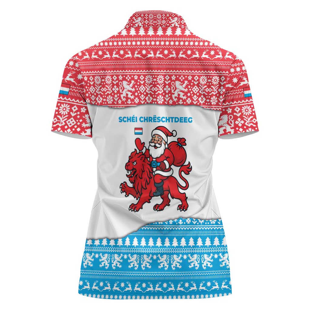 Luxembourg Christmas Women Polo Shirt with Santa Claus Red Lion Snowflake Pattern and National Flag Design - Wonder Print Shop