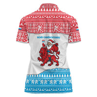 Luxembourg Christmas Women Polo Shirt with Santa Claus Red Lion Snowflake Pattern and National Flag Design - Wonder Print Shop