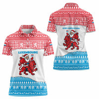 Luxembourg Christmas Women Polo Shirt with Santa Claus Red Lion Snowflake Pattern and National Flag Design - Wonder Print Shop